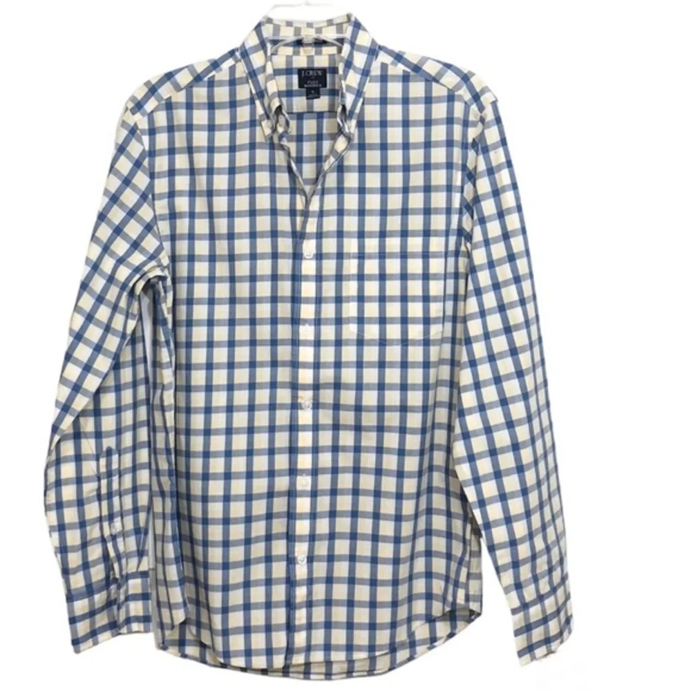 J. Crew Mens Button Up Long Sleeve Blue Yellow Plaid Slim Untucked Shirt Size S